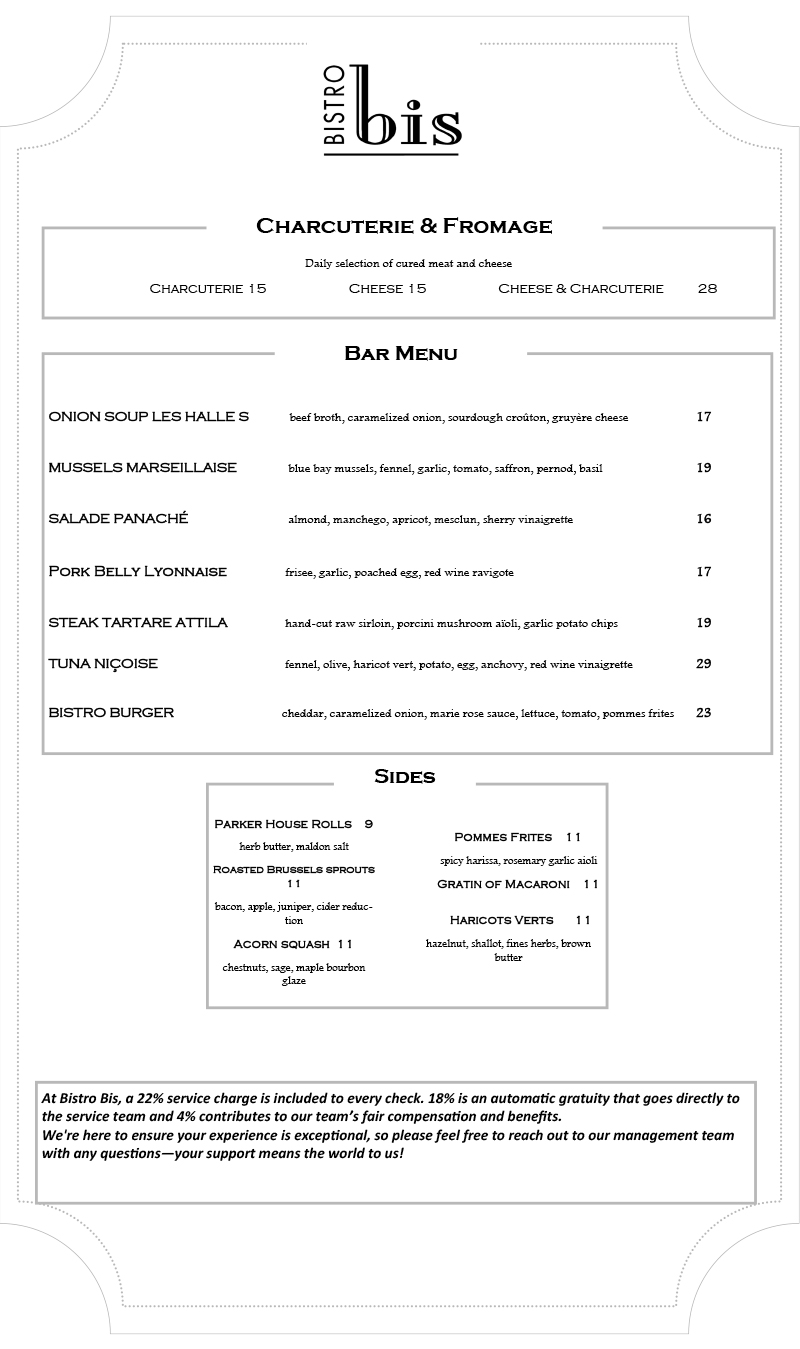 Image of Bistro Bis Bar menu featuring French cuisine