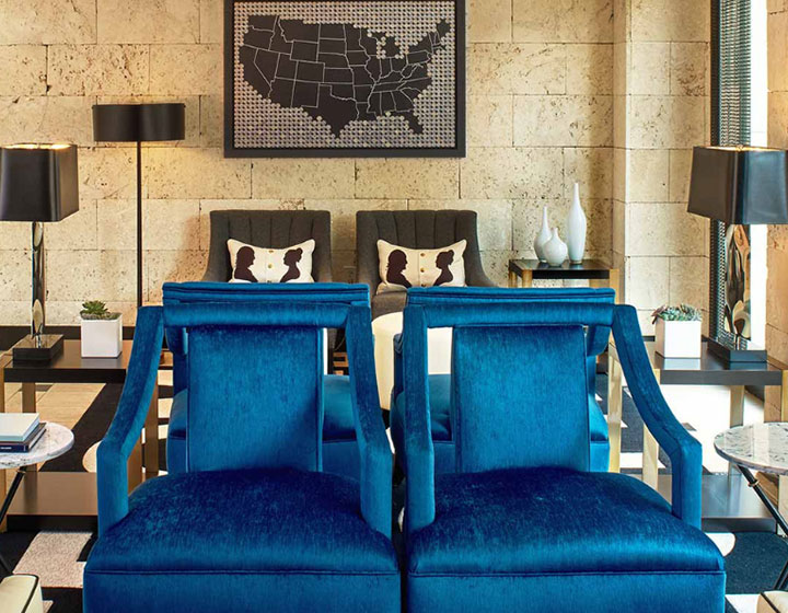 two blue chairs in the lobby